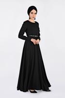 Tesettür giyim SİYAH KOLLARI DANTELLİ KEMERLİ ELBİSE 4679