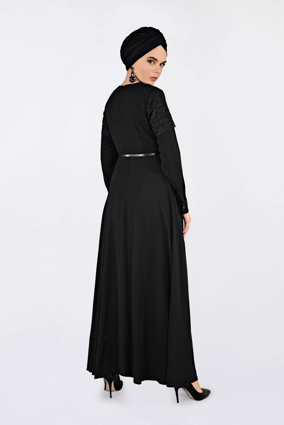 Tesettür giyim SİYAH KOLLARI DANTELLİ KEMERLİ ELBİSE 4679