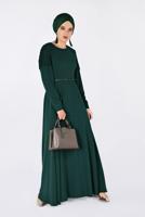 Tesettür giyim YEŞİL KOLLARI DANTELLİ KEMERLİ ELBİSE 4679
