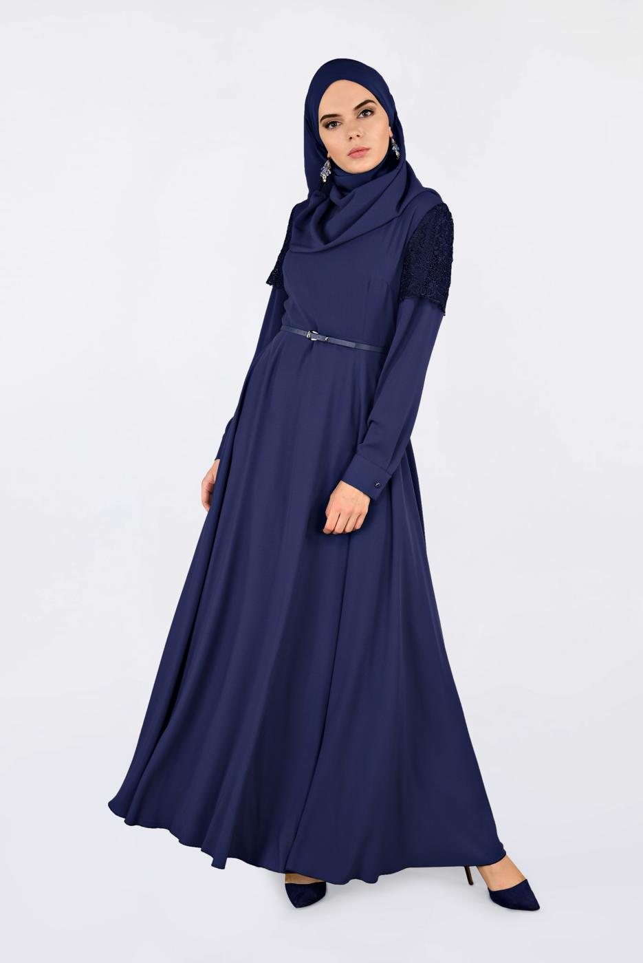 Tesettür giyim LACİVERT KOLLARI DANTELLİ KEMERLİ ELBİSE 4679