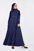 Tesettür giyim LACİVERT KOLLARI DANTELLİ KEMERLİ ELBİSE 4679
