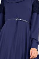 Tesettür giyim LACİVERT KOLLARI DANTELLİ KEMERLİ ELBİSE 4679