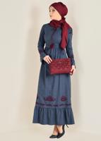 Tesettür giyim LACİVERT BAĞCIKLI NAKIŞLI ELBİSE 4680