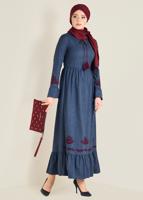 Tesettür giyim LACİVERT BAĞCIKLI NAKIŞLI ELBİSE 4680