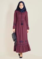 Tesettür giyim KIRMIZI BAĞCIKLI NAKIŞLI ELBİSE 4680