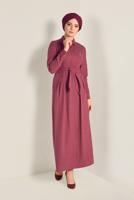 Tesettür giyim KIRMIZI EKOSE DESENLİ KUŞAKLI ELBİSE 4681 