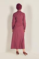 Tesettür giyim KIRMIZI EKOSE DESENLİ KUŞAKLI ELBİSE 4681 