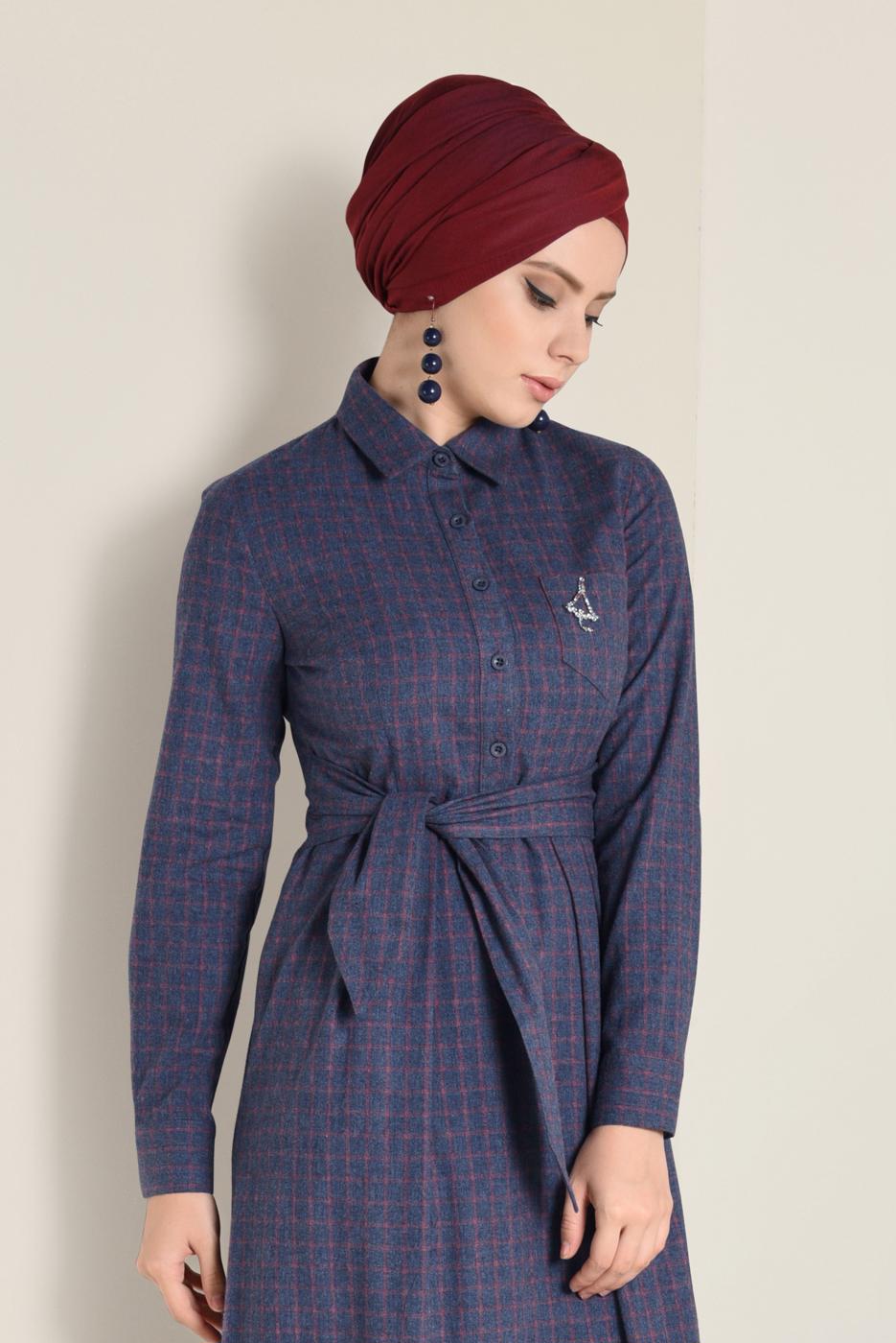 Tesettür giyim LACİVERT EKOSE DESENLİ KUŞAKLI ELBİSE 4681 