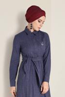 Tesettür giyim LACİVERT EKOSE DESENLİ KUŞAKLI ELBİSE 4681 