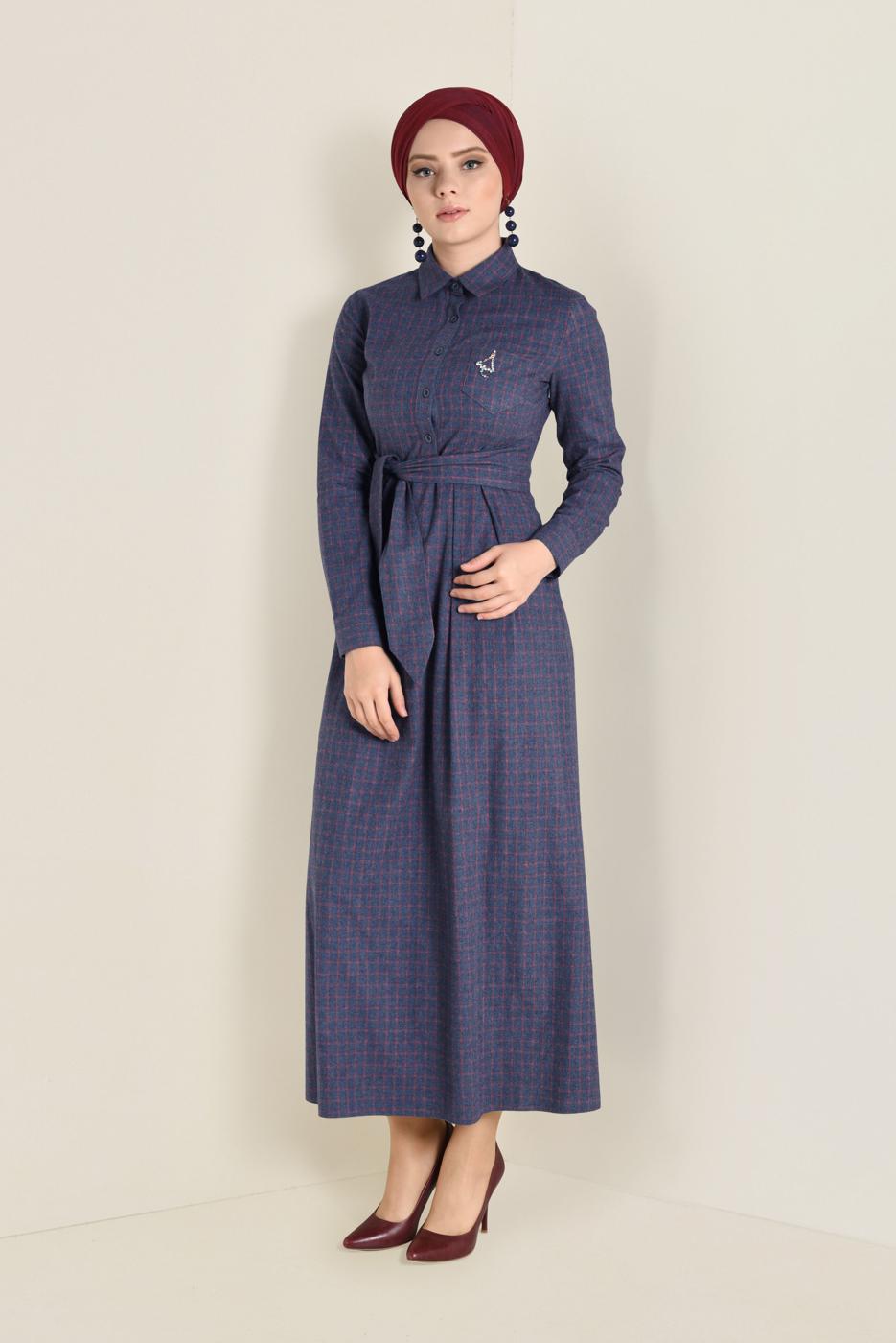 Tesettür giyim LACİVERT EKOSE DESENLİ KUŞAKLI ELBİSE 4681 