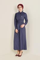 Tesettür giyim LACİVERT EKOSE DESENLİ KUŞAKLI ELBİSE 4681 