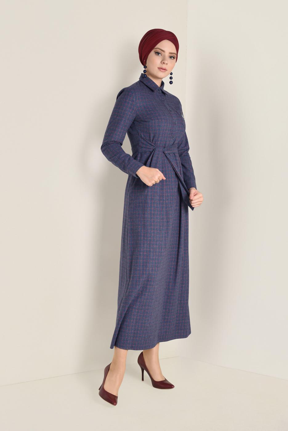 Tesettür giyim LACİVERT EKOSE DESENLİ KUŞAKLI ELBİSE 4681 