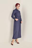Tesettür giyim LACİVERT EKOSE DESENLİ KUŞAKLI ELBİSE 4681 