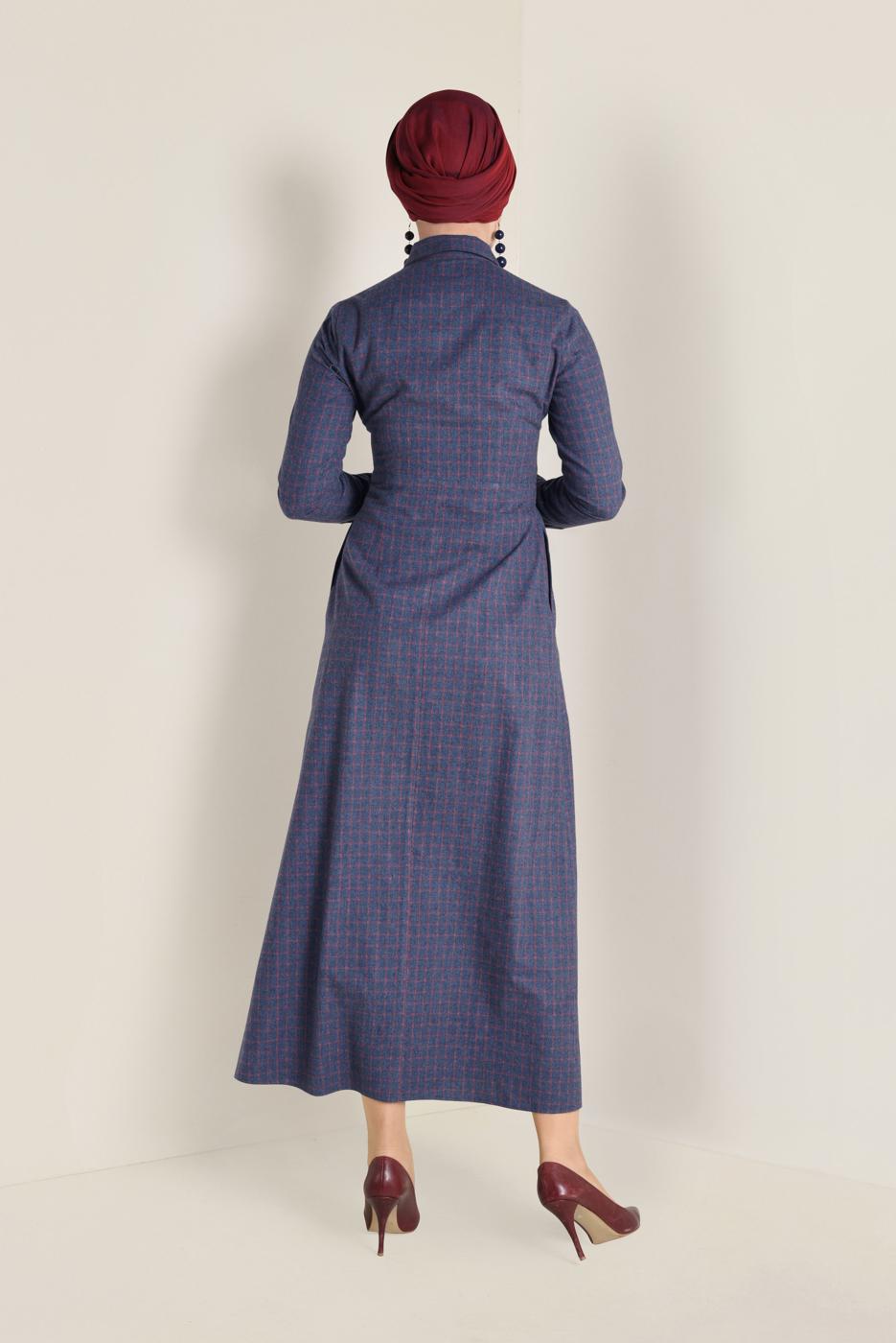 Tesettür giyim LACİVERT EKOSE DESENLİ KUŞAKLI ELBİSE 4681 