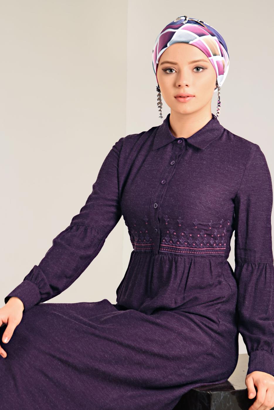 Tesettür giyim MOR DÜĞMELİ ELBİSE 4745 
