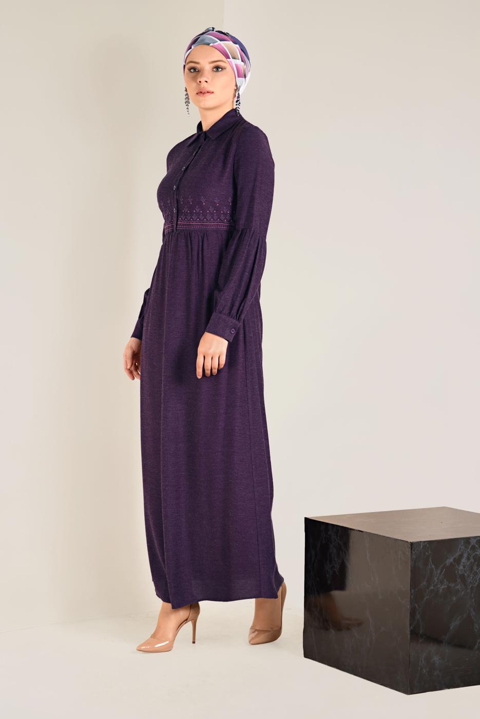 Tesettür giyim MOR DÜĞMELİ ELBİSE 4745 