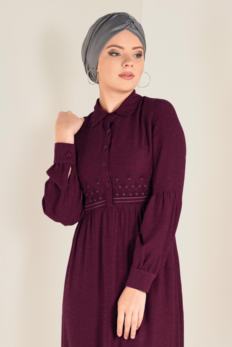 Tesettür giyim BORDO DÜĞMELİ ELBİSE 4745 