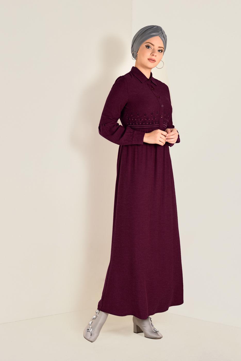 Tesettür giyim BORDO DÜĞMELİ ELBİSE 4745 