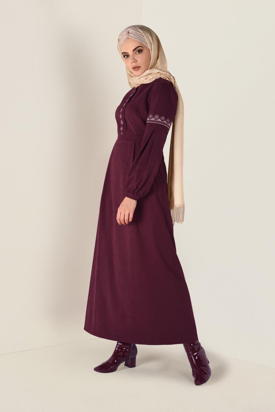 Tesettür giyim BORDO İŞLEMELİ SÜET ELBİSE 4766 
