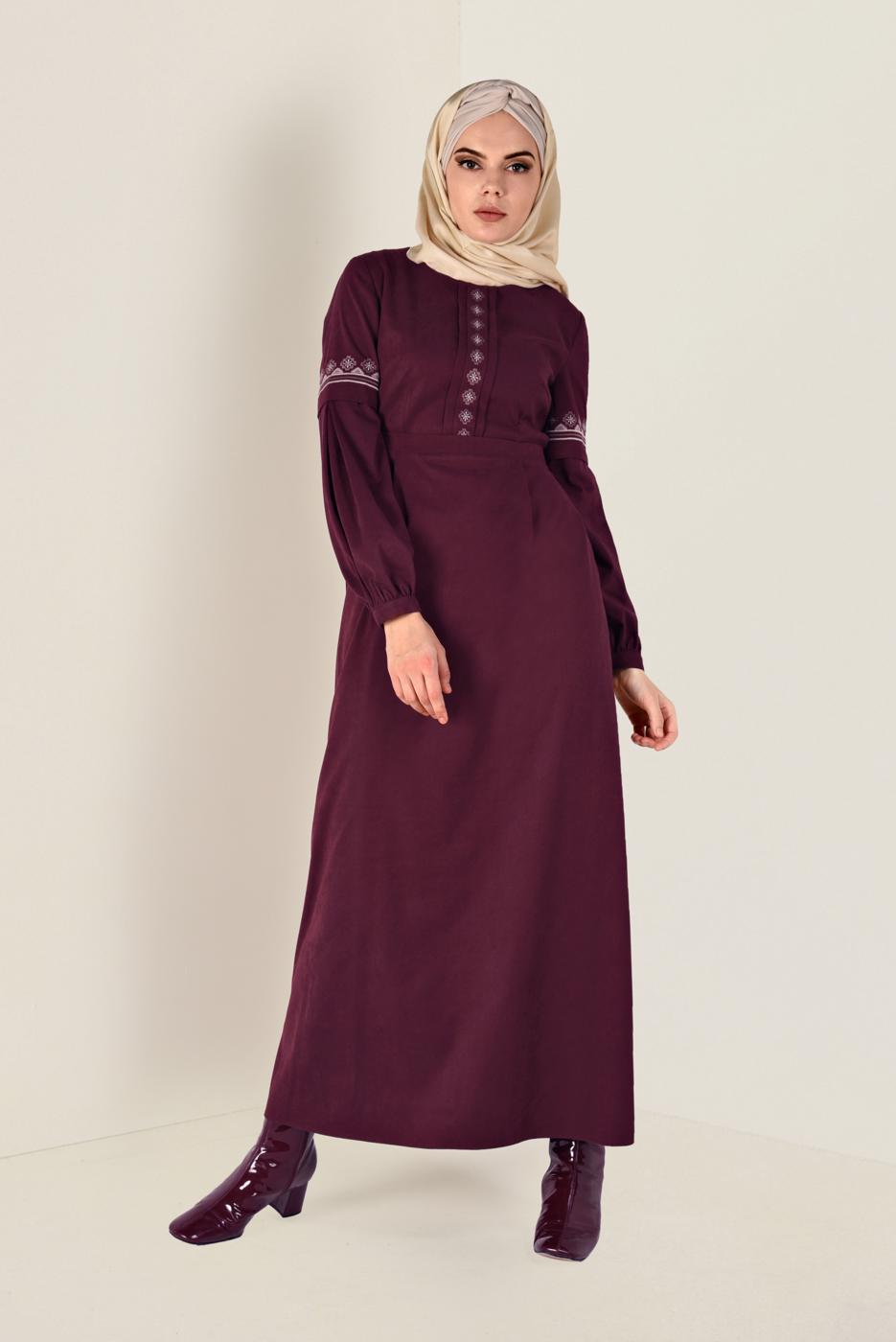 Tesettür giyim BORDO İŞLEMELİ SÜET ELBİSE 4766 