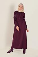 Tesettür giyim BORDO İŞLEMELİ SÜET ELBİSE 4766 