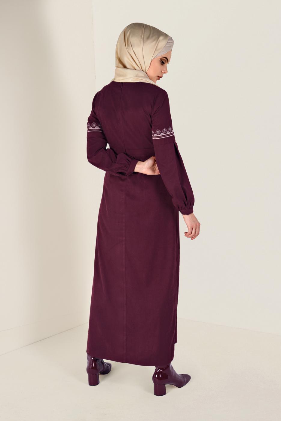Tesettür giyim BORDO İŞLEMELİ SÜET ELBİSE 4766 
