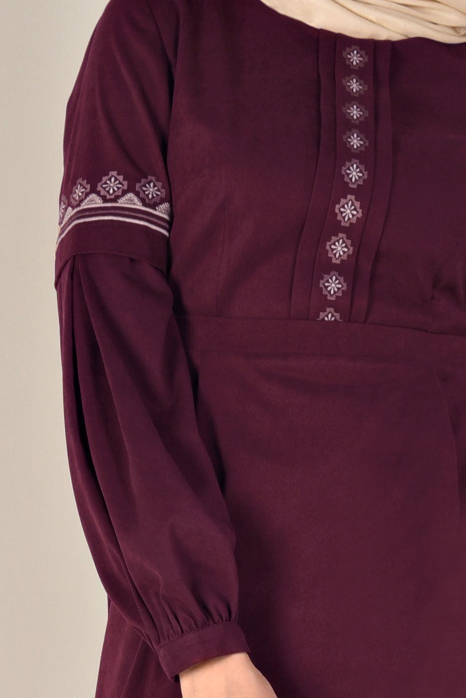 Tesettür giyim BORDO İŞLEMELİ SÜET ELBİSE 4766 