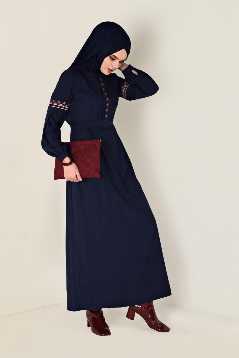 Tesettür giyim LACİVERT İŞLEMELİ SÜET ELBİSE 4766 