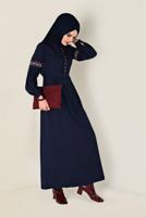 Tesettür giyim LACİVERT İŞLEMELİ SÜET ELBİSE 4766 