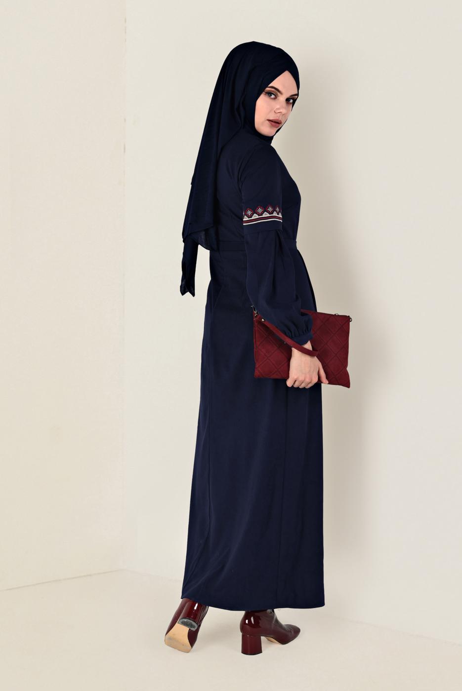 Tesettür giyim LACİVERT İŞLEMELİ SÜET ELBİSE 4766 