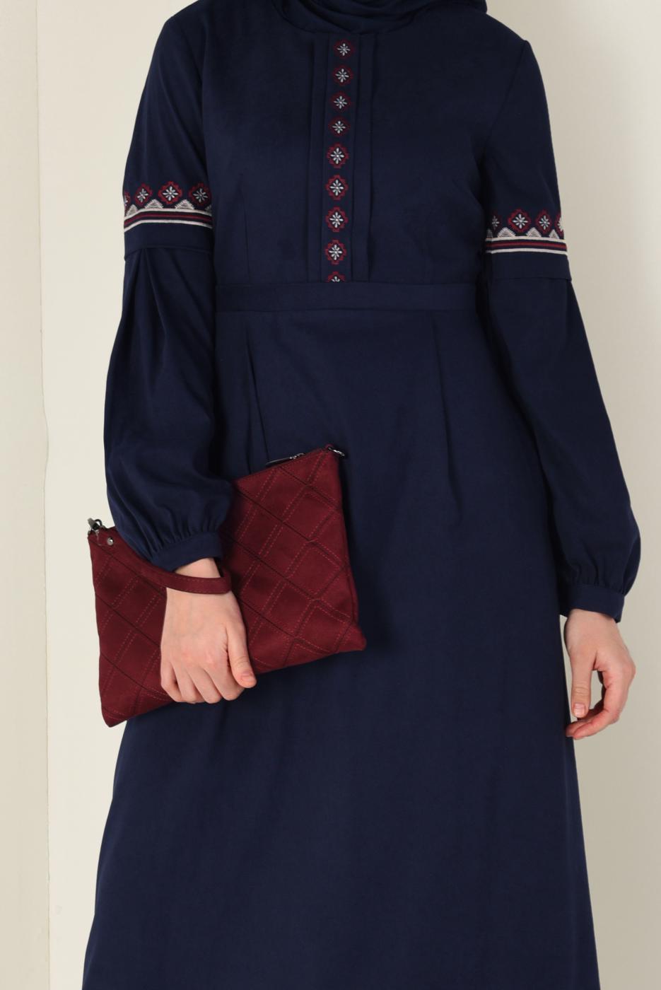 Tesettür giyim LACİVERT İŞLEMELİ SÜET ELBİSE 4766 