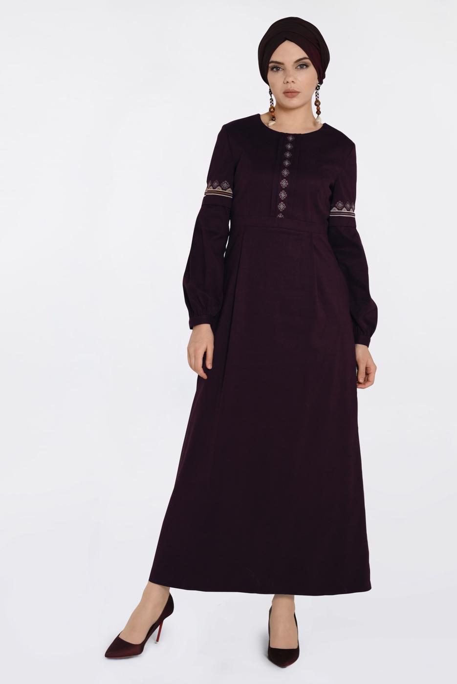 Tesettür giyim BORDO İŞLEMELİ SÜET ELBİSE 4766 