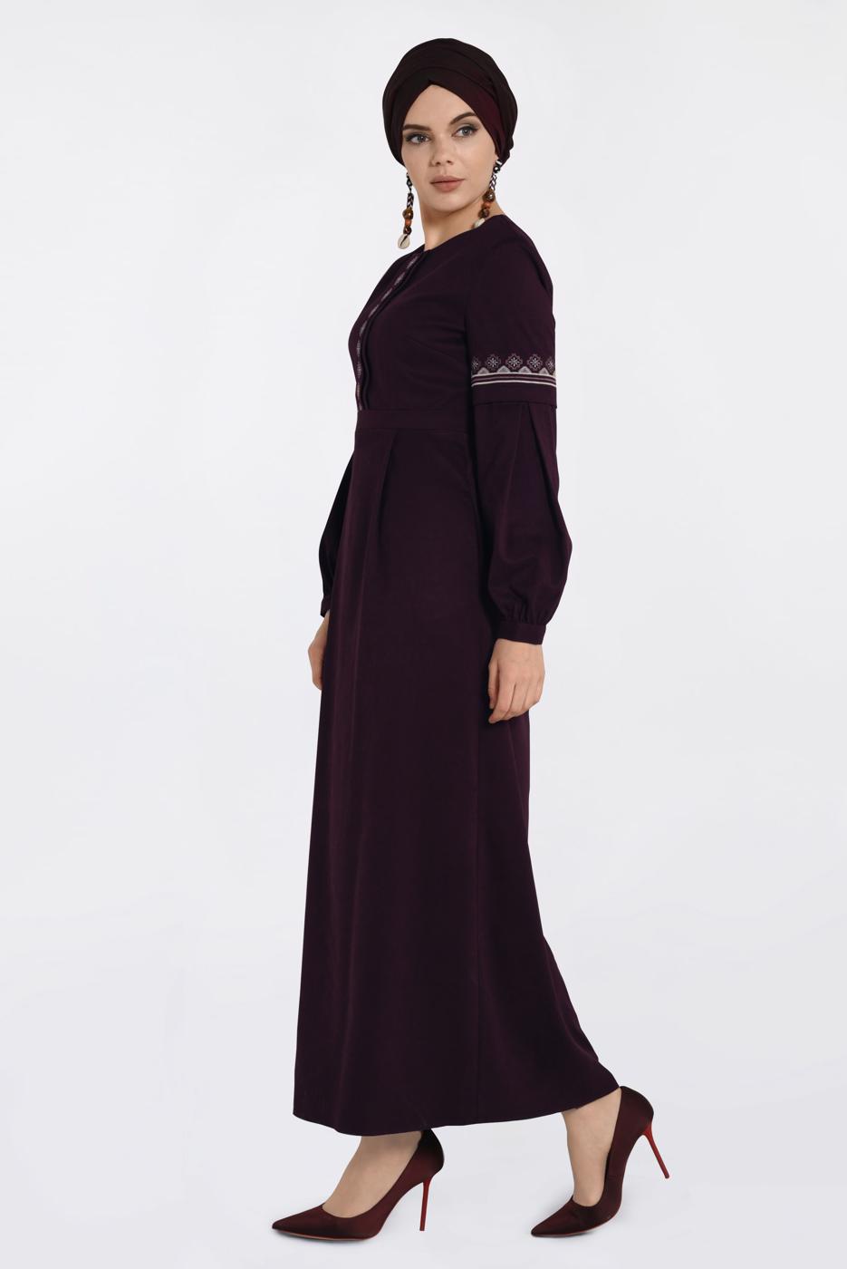 Tesettür giyim BORDO İŞLEMELİ SÜET ELBİSE 4766 