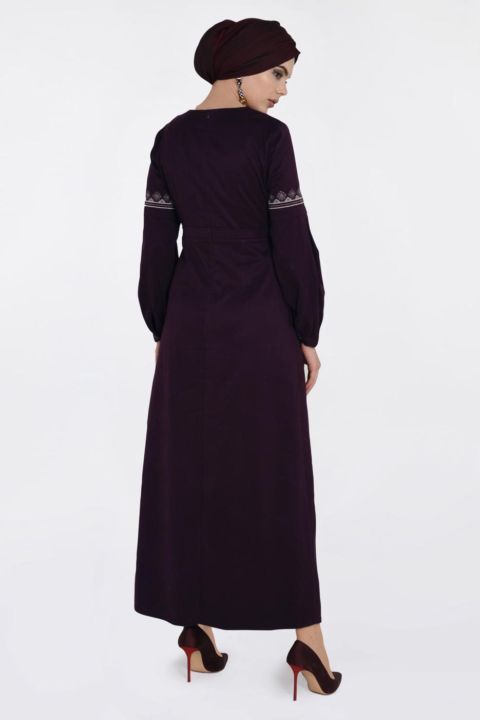 Tesettür giyim BORDO İŞLEMELİ SÜET ELBİSE 4766 