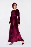 Tesettür giyim BORDO ÖNÜ İŞLEMELİ KADİFE ELBİSE 4781 