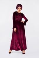 Tesettür giyim BORDO ÖNÜ İŞLEMELİ KADİFE ELBİSE 4781 