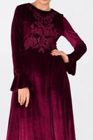 Tesettür giyim BORDO ÖNÜ İŞLEMELİ KADİFE ELBİSE 4781 