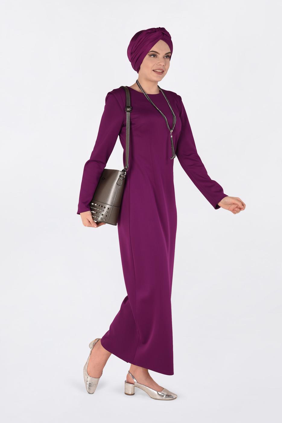 Tesettür giyim MOR DÜZ KESİM DALGIÇ KUMAŞ ELBİSE  4785