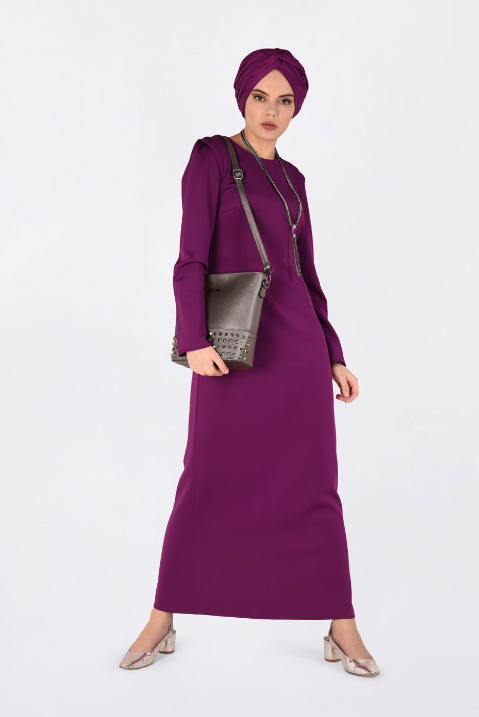 Tesettür giyim MOR DÜZ KESİM DALGIÇ KUMAŞ ELBİSE  4785
