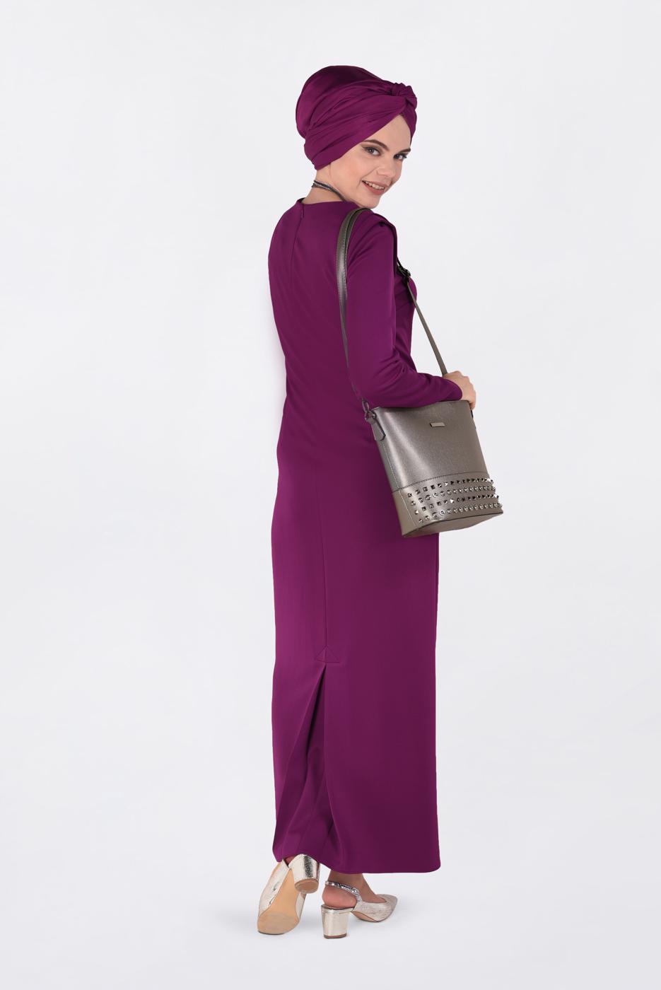 Tesettür giyim MOR DÜZ KESİM DALGIÇ KUMAŞ ELBİSE  4785