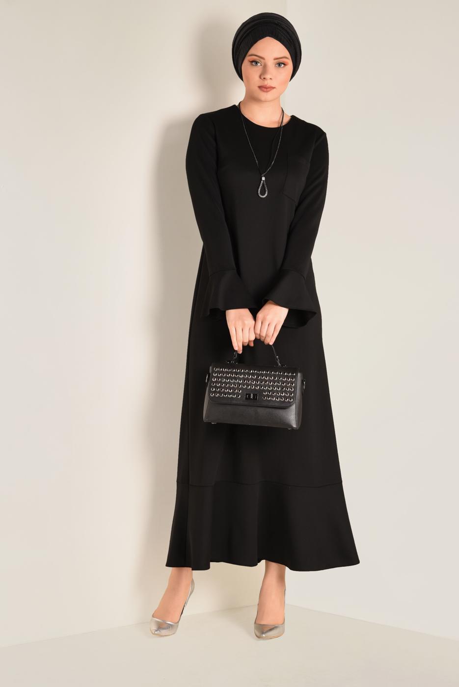 Tesettür giyim SİYAH KOLLARI VE ETEK UCU VOLANLI ELBİSE 4805