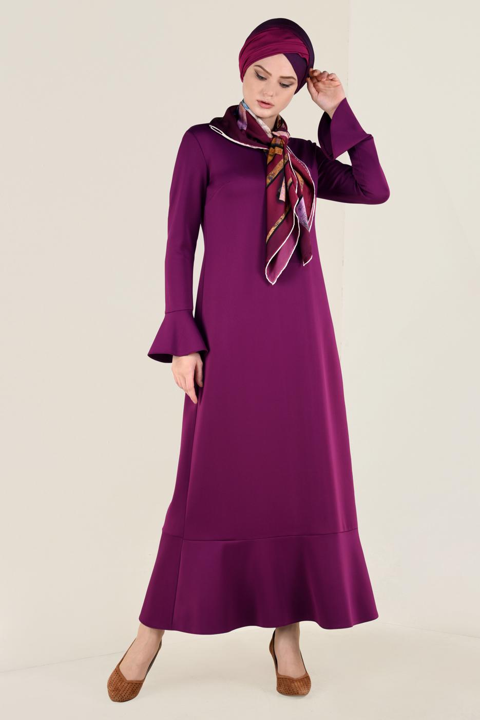 Tesettür giyim MOR KOLLARI VE ETEK UCU VOLANLI ELBİSE 4805