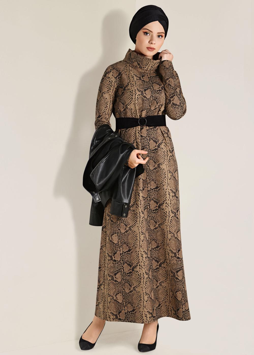 Tesettür giyim KAHVE DESENLİ ELBİSE 4812 