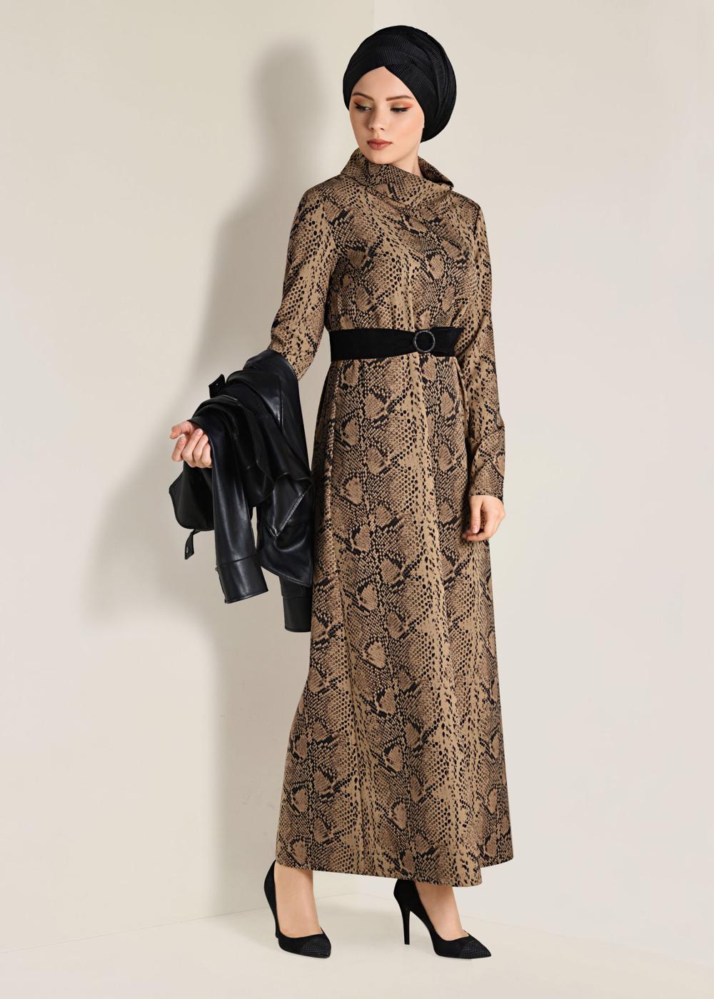 Tesettür giyim KAHVE DESENLİ ELBİSE 4812 