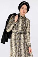 Tesettür giyim KAHVE YILAN DERİSİ DESENLİ ELBİSE 4813