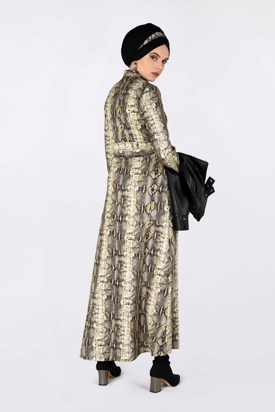 Tesettür giyim KAHVE YILAN DERİSİ DESENLİ ELBİSE 4813