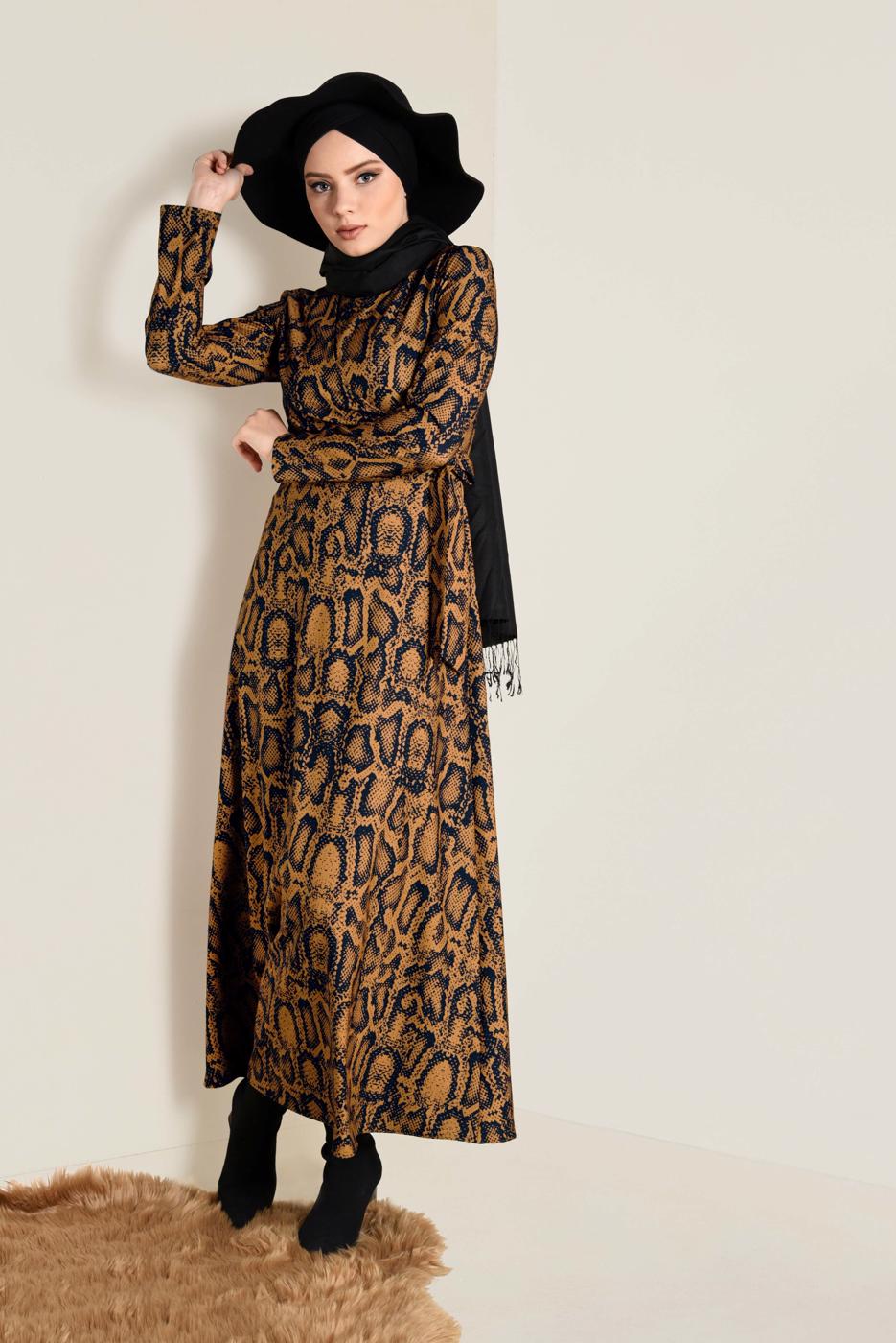 Tesettür giyim KAHVE YILAN DERİSİ DESENLİ ELBİSE 4814