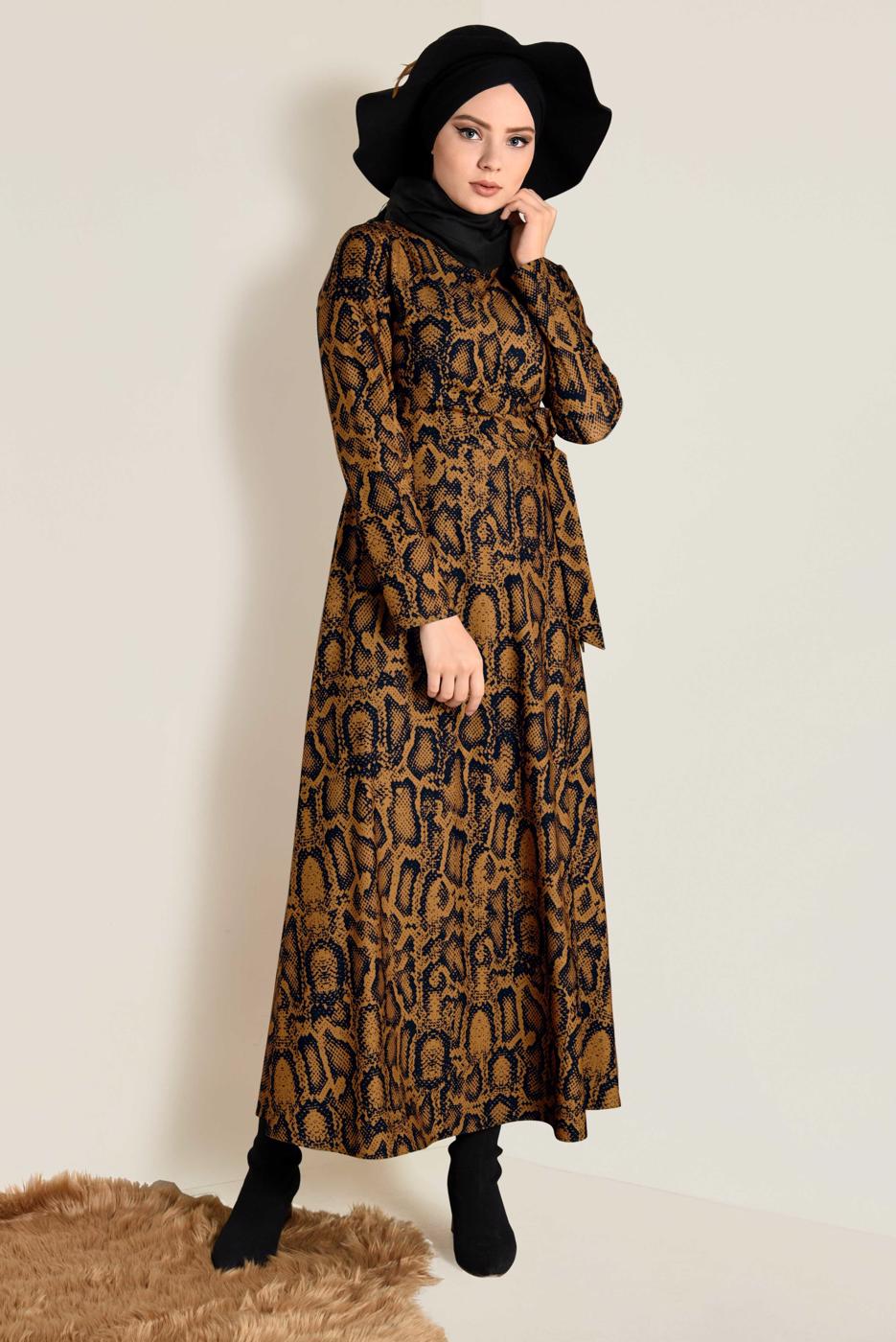 Tesettür giyim KAHVE YILAN DERİSİ DESENLİ ELBİSE 4814