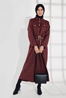 Tesettür giyim BORDO BELİ BÜZGÜLÜ EKOSE DESENLİ ELBİSE 5355