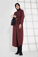 Tesettür giyim BORDO BELİ BÜZGÜLÜ EKOSE DESENLİ ELBİSE 5355